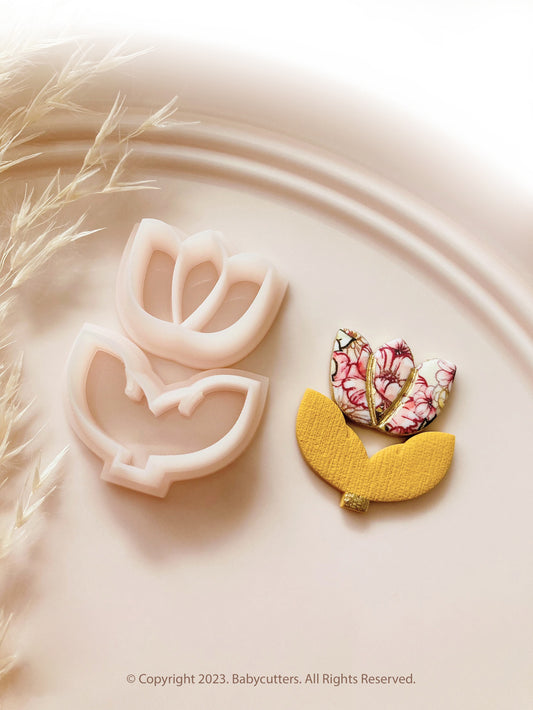 Tulip Flower and Leaf Set Embossed Spring Polymer Clay Cutter